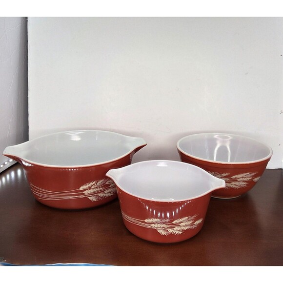 Vintage Pyrex Autumn Harvest Wheat Set Cinderella 473-B + 475-B + 402 Bowl USA - Picture 1 of 16